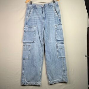 Denim Forum The 90s Millie Hi Rise Cargo Jeans Light Wash Wide Leg Size 30